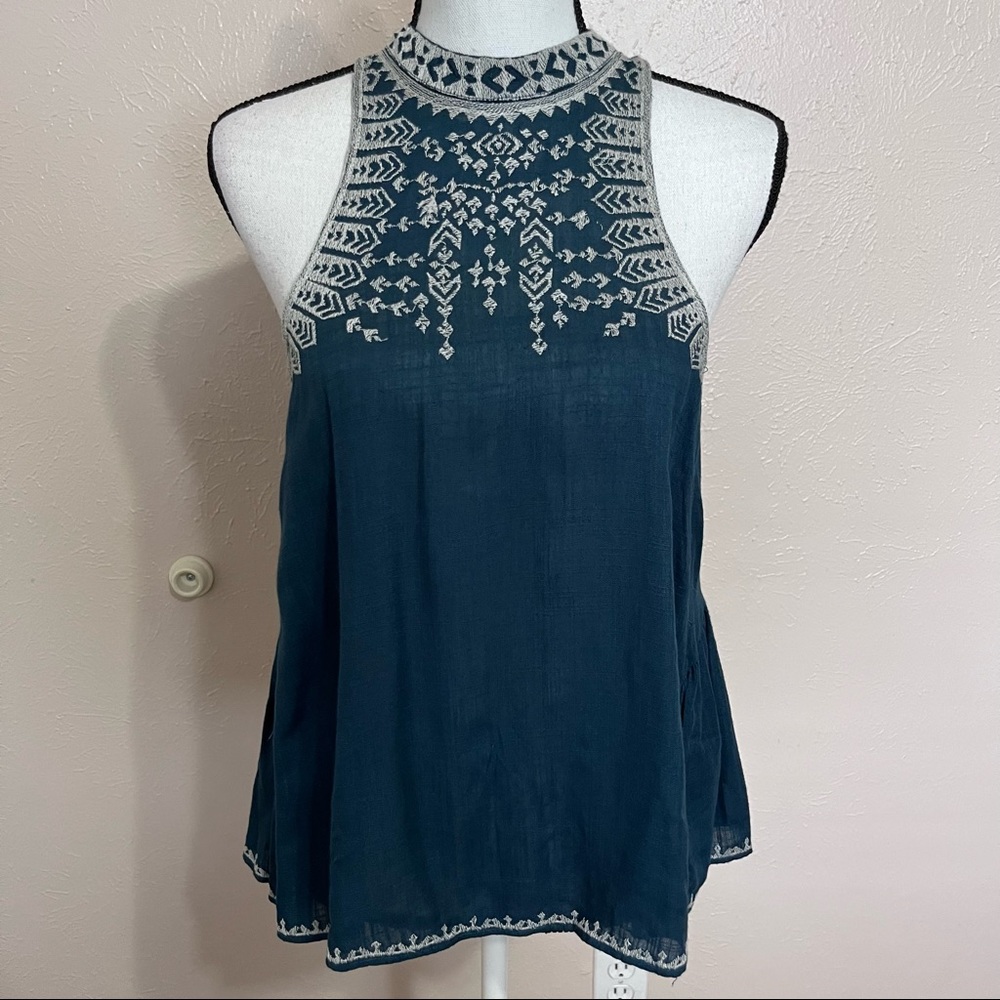 Urban Outfitters Ecote Teal Embroidered Open Back Sleeveless Halter Tank Top